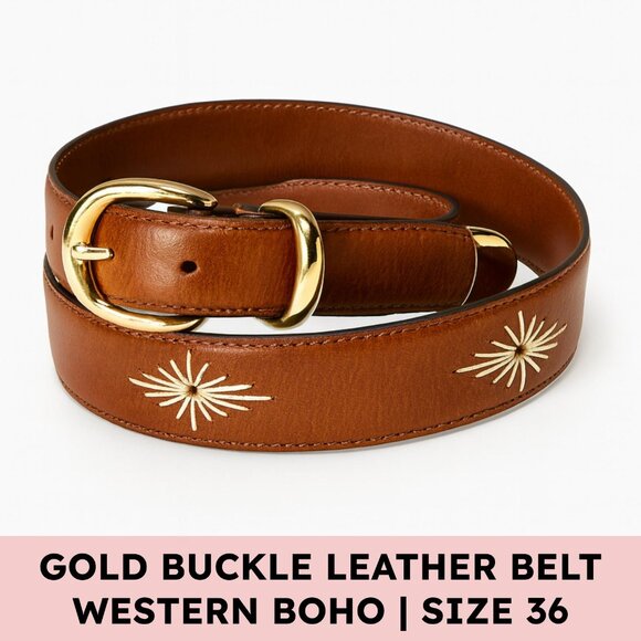 None Other - Brown Leather Starburst Embroidered Belt Gold Buckle Western Boho Unisex 36